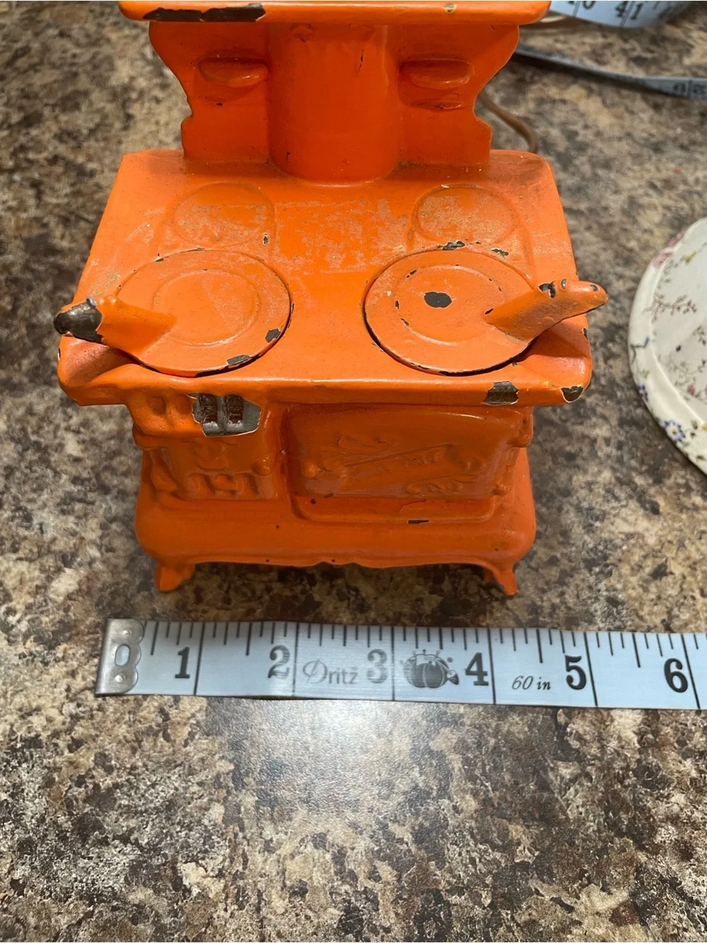ACME Orange Mini Cast Iron Stove Lantern Vtg Salesmen Sample Floral Fabric Shade